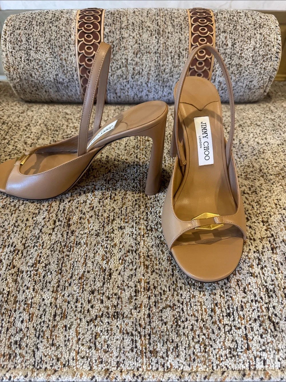 Jimmy Choo Tan Leather Open-Toe Slingback Heels with Gold Accent - Picture 2 of 6